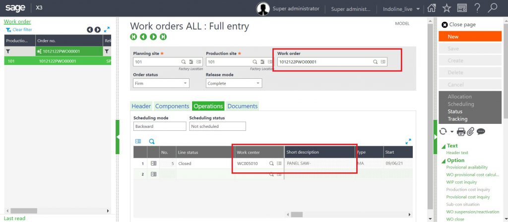 Work Order Screen