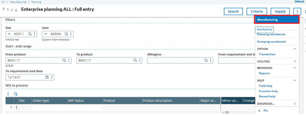Enterprise planning screen