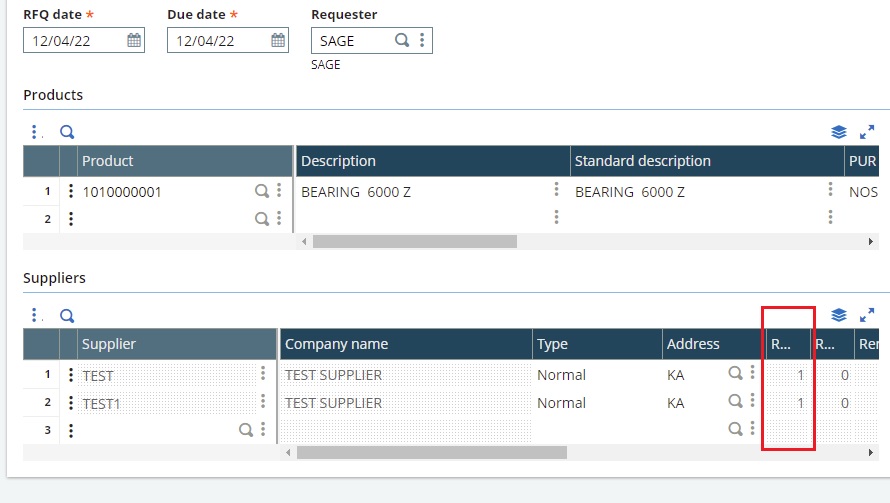 Fig 4: Test RFQ entry on screen with Responses