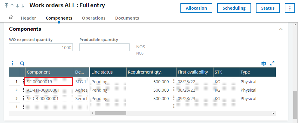 Fig 3 Work order, Component tab