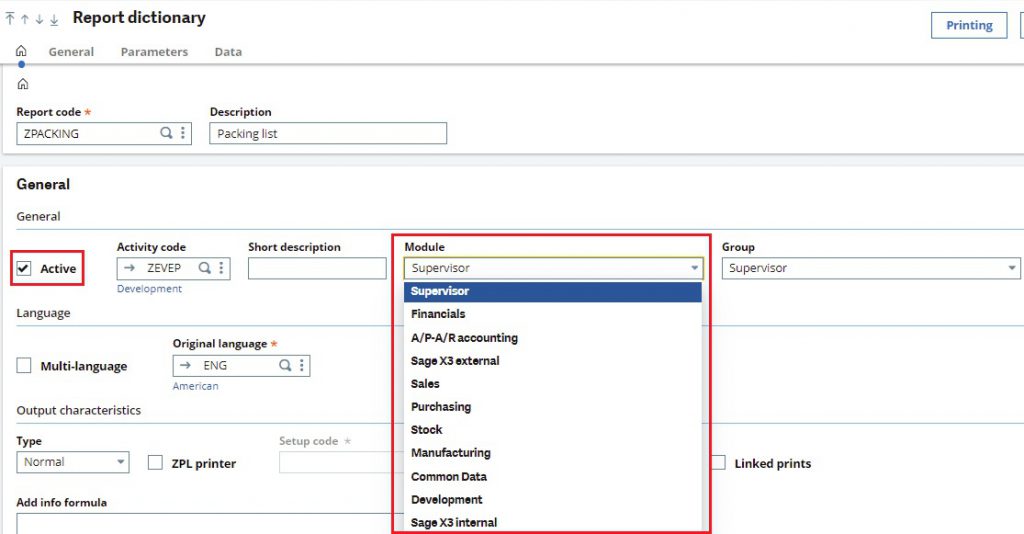 Modules & Active options on Report dictionary