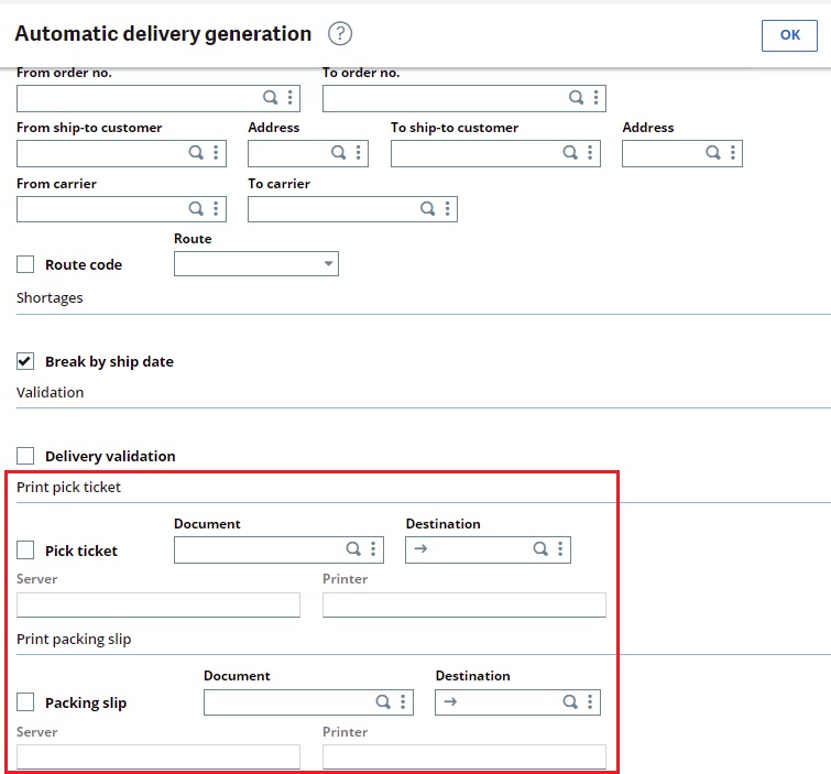 Print Report selectors in Automatic delivery generation screen