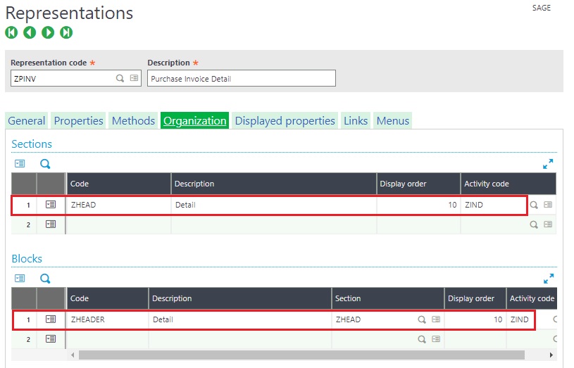 Representations - Organization tab