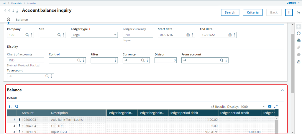 Account balance inquiry with proper data