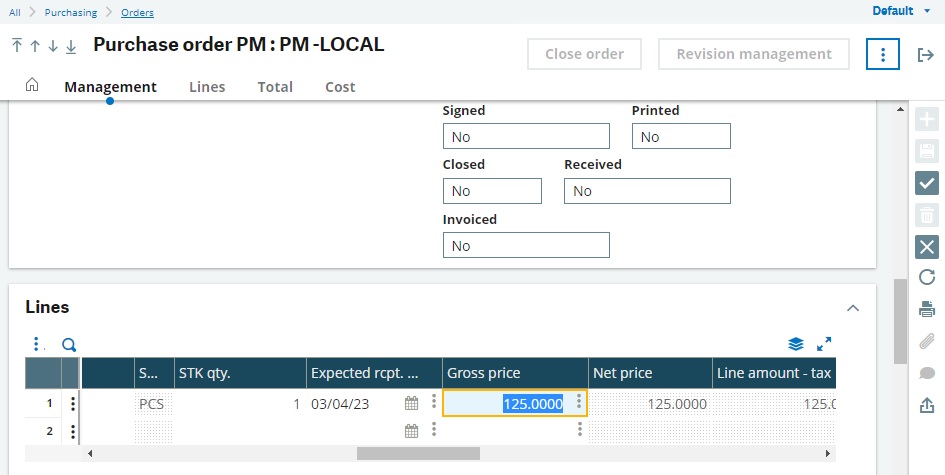 [Fig 2. Gross Price field in Purchase Order Screen]
