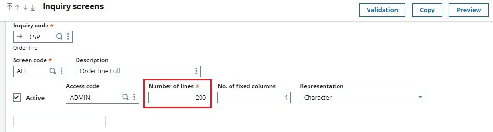Number of lines in Inquiry screen