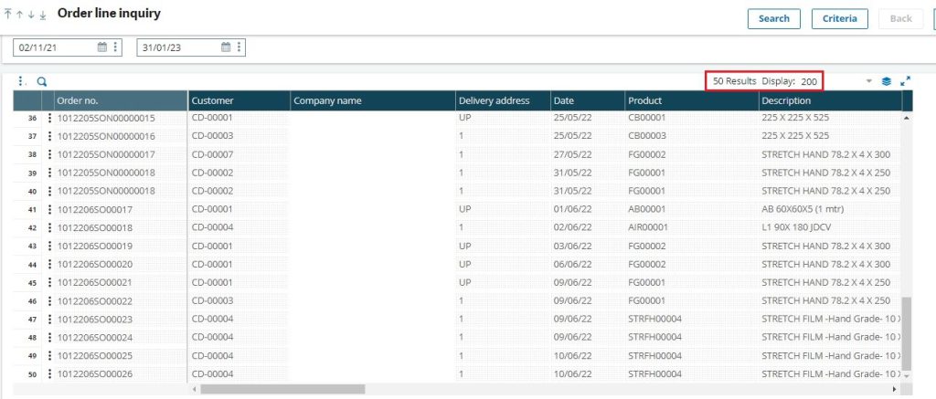 Order Lines Inquiry screen