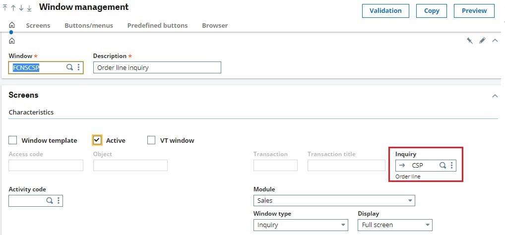 Order lines Inquiry window