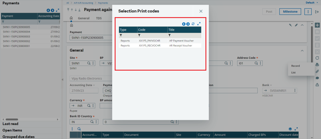Fig 7: Report selection in Payment entry screen