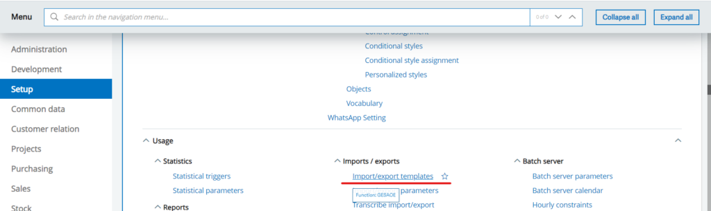 Import export templates screen path