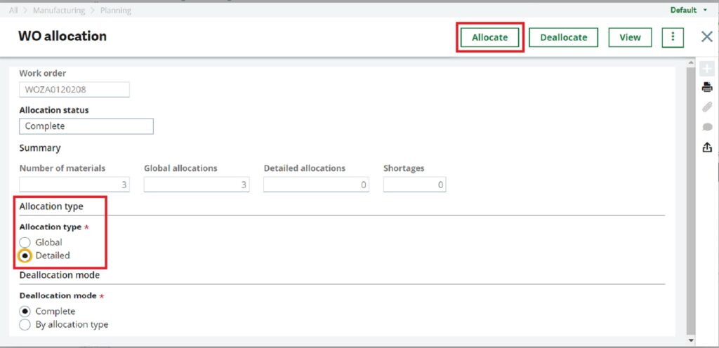 The allocation screen appears after clicking the Allocate button.