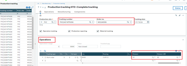 Production Tracking screen