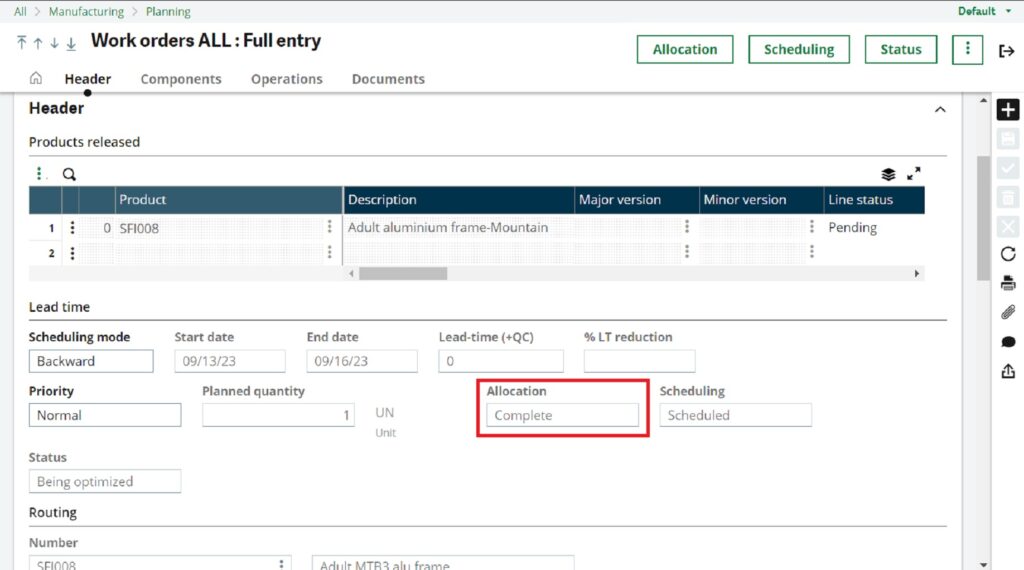 After manually allocating method to work order