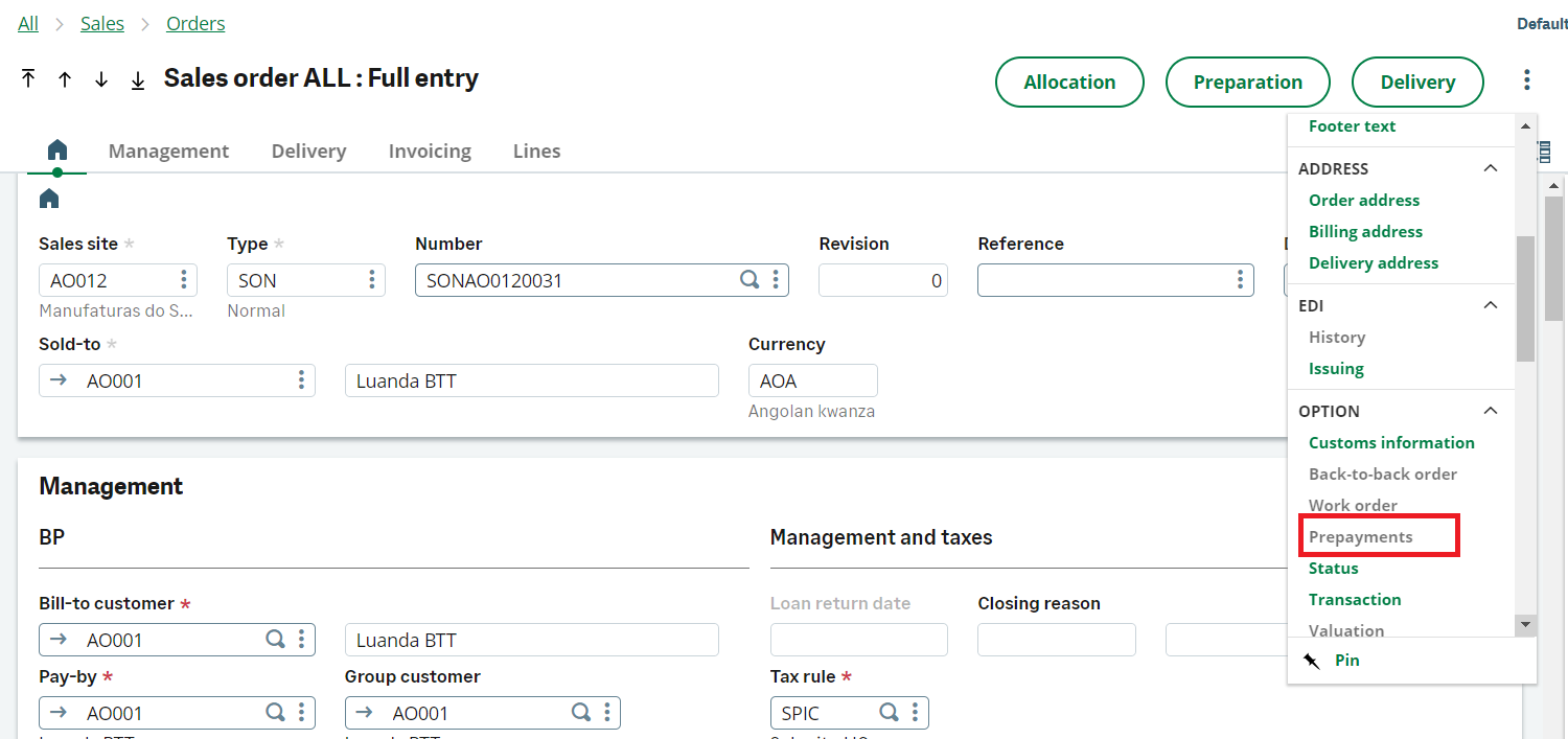 How to enable prepayment option in Sales order in Sage X3 - Sage X3 ...