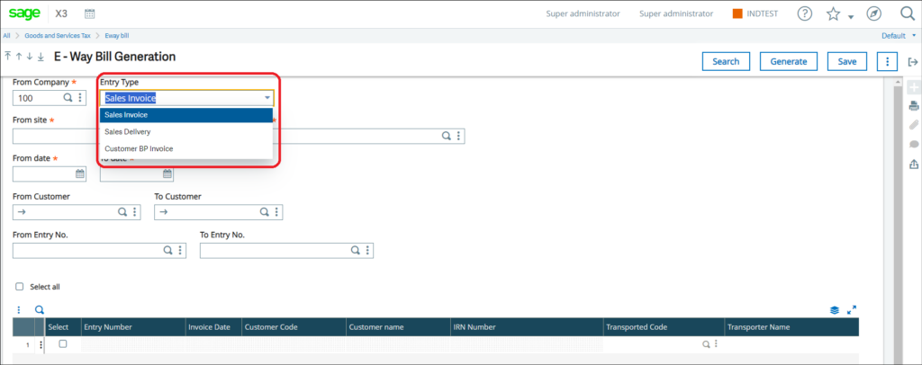 Fig 3 E-Way Bill Generation Screen - Filters - Entry Type