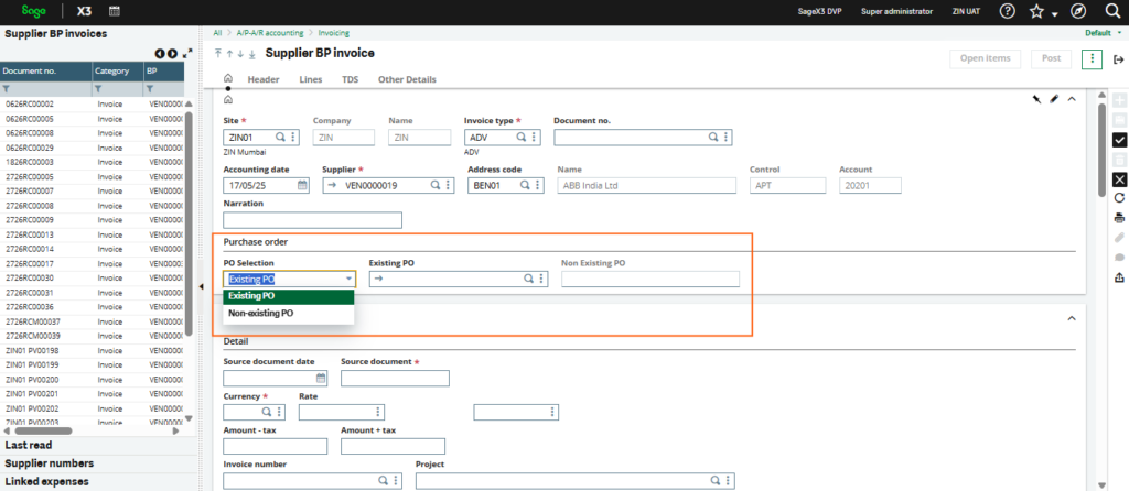 Fig1. Supplier BP invoice screen