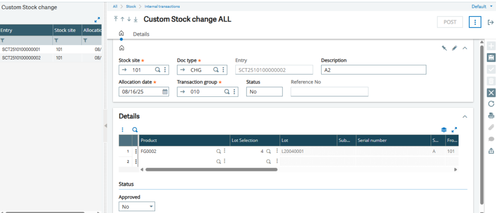 Fig1. Stock change Transaction screen