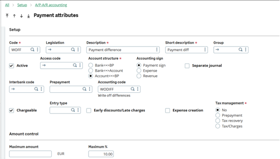 Payment Attribute screen