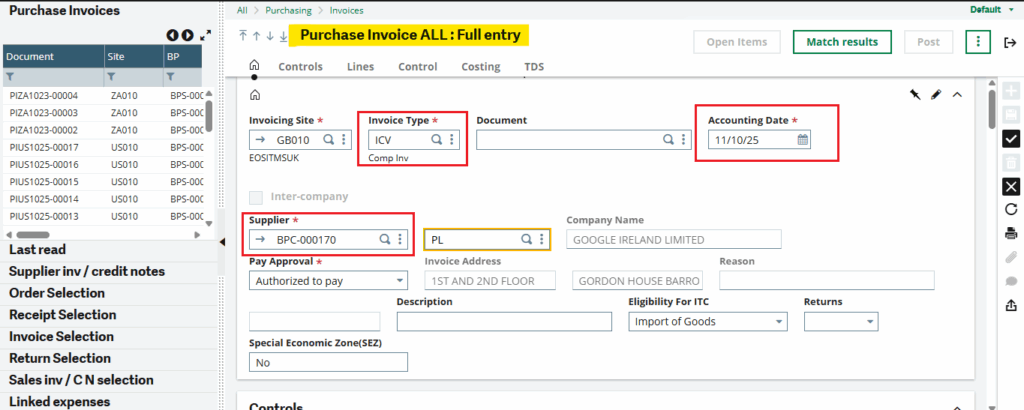 Fig 1 – Purchase Invoice Screen