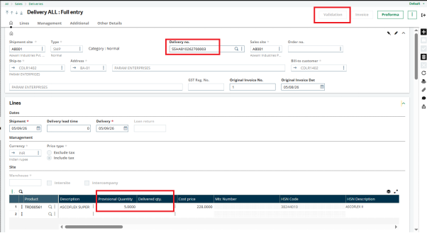 Sales delivery screen 1
