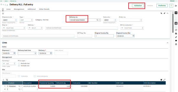 Sales Delivery screen 2
