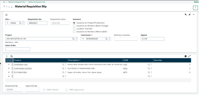 Fig 1: Material Requisition Slip screen.