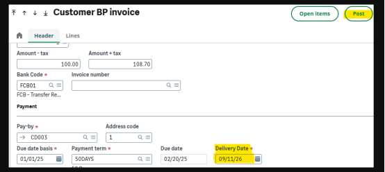 Fig 1: Customer BP Invoice screen Delivery date field.