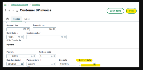Fig 2: Customer BP Invoice screen Delivery date field with Data.
