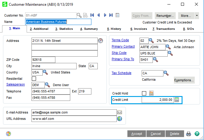 Updated Sage 100 Customer Screen