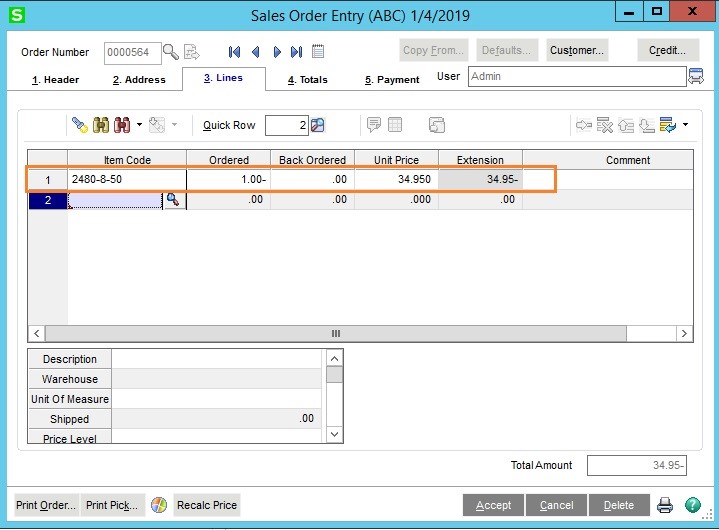 Sage ERP Order Line Items with Negative Quantity