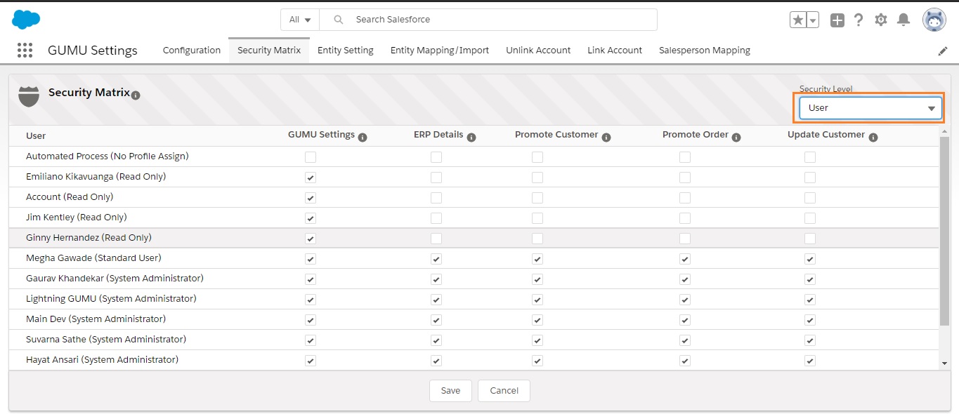GUMU™ Security Matrix - User Level