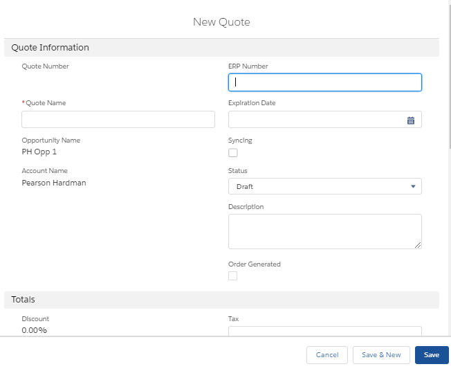 Enter Details - New Quote