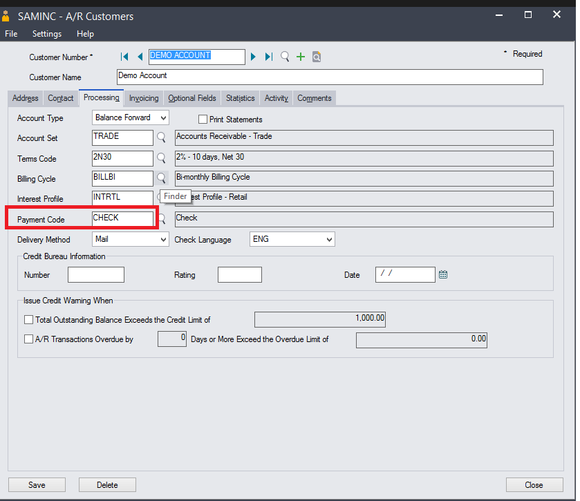 Sage 300 Customer - Payment Code Value