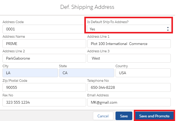 default shipping address