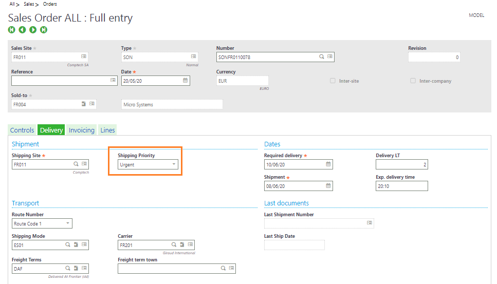 Sage X3 ERP Order Screen