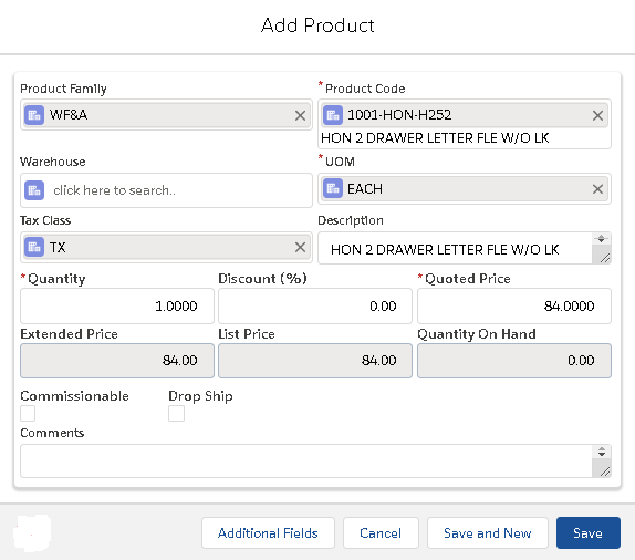 Quote New Add Product screen without Tax Enabled