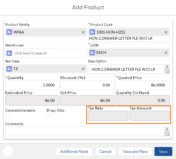 Quote Add Product screen with Tax Enabled