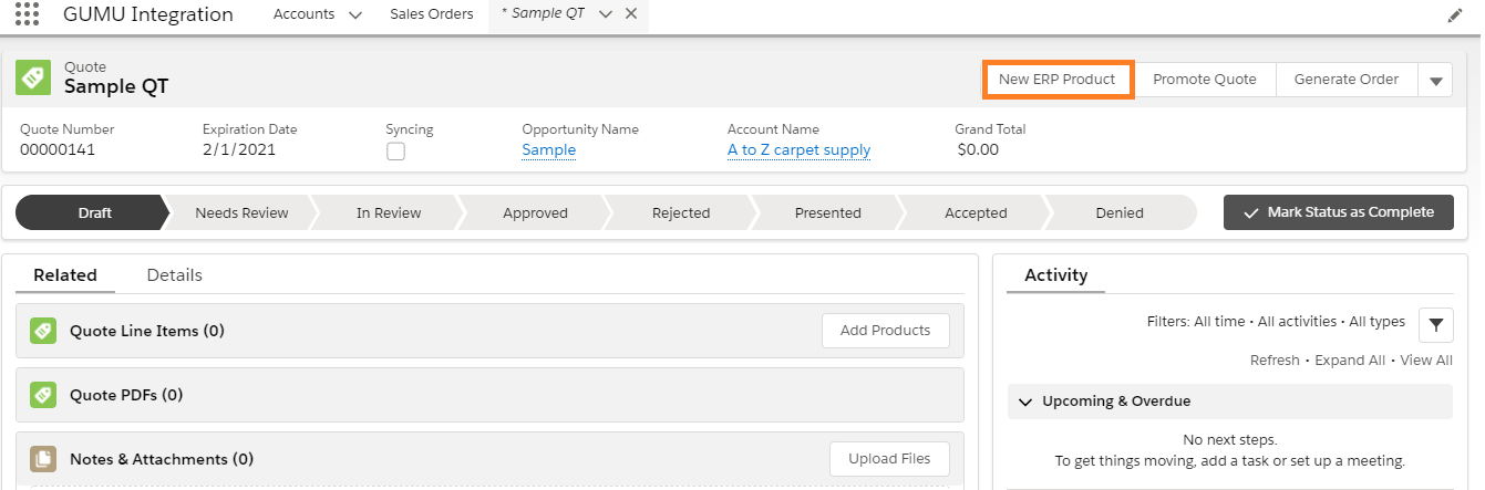 New ERP Product on Quote