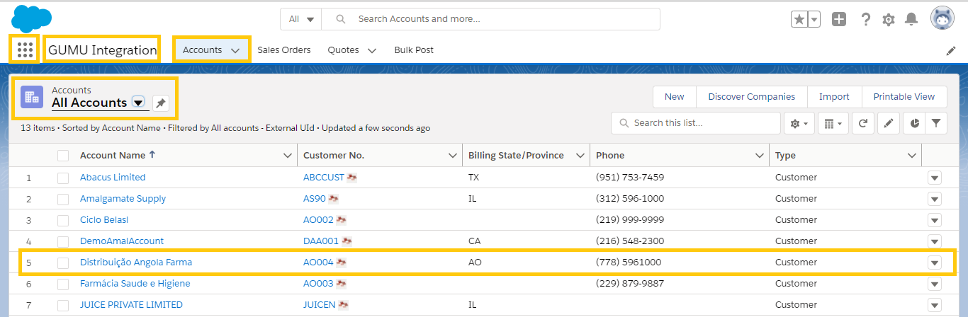 GUMU Integration selected Account