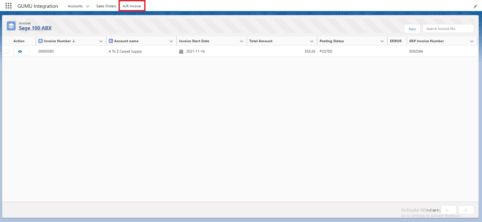 GUMU A-R Invoice List Screen