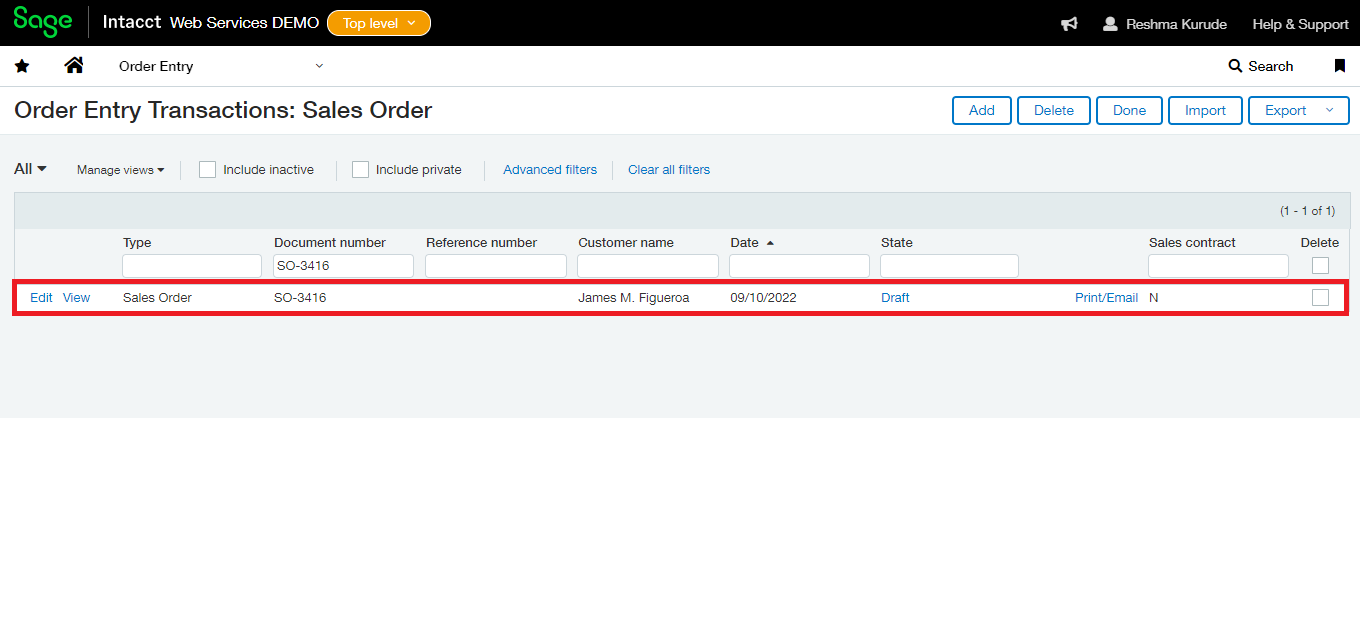 Sage Intacct Sales Order Screen