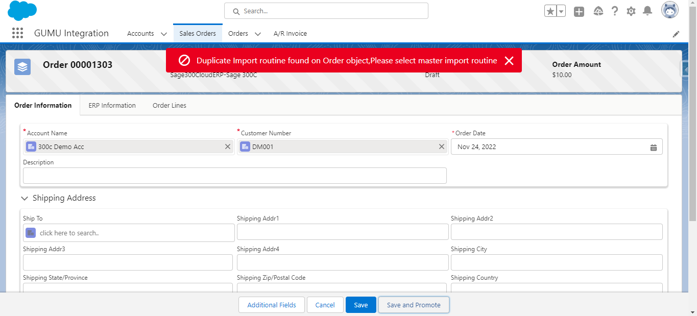 Duplicate Import routine found on Order object Error Screenshot