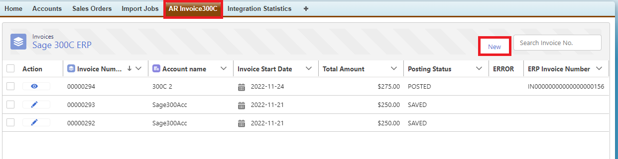 Sage 300C AR Invoice New Button