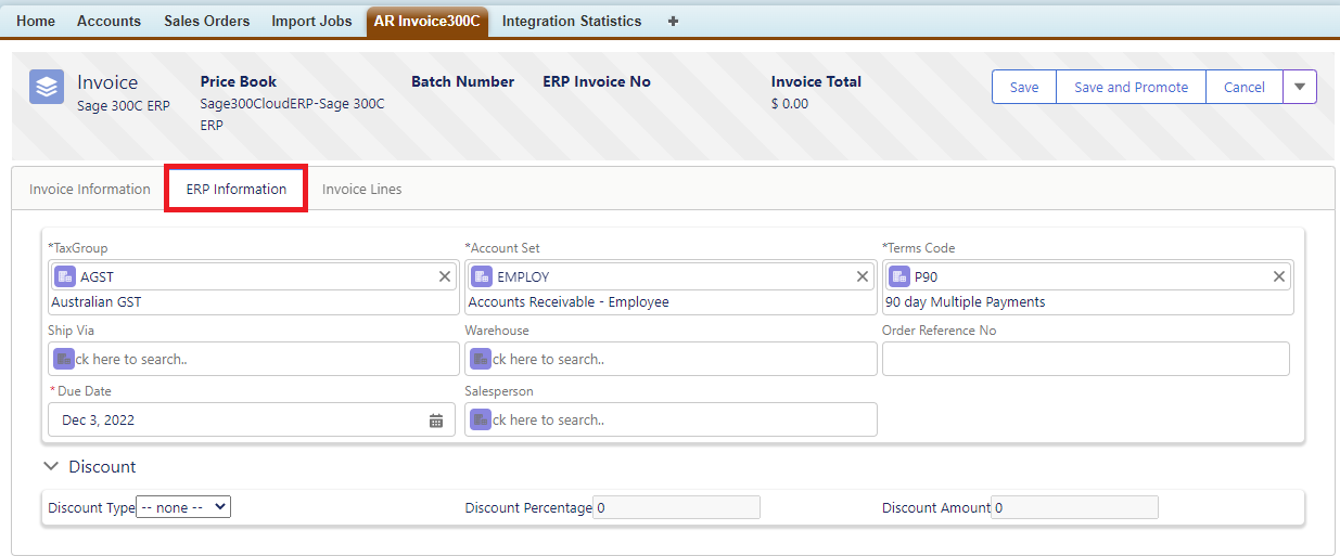Sage 300C AR Invoice ERP Information