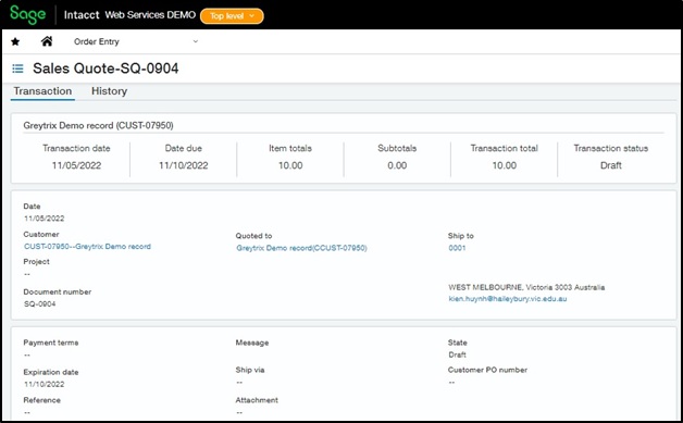 Promoted Quote in Sage Intacct