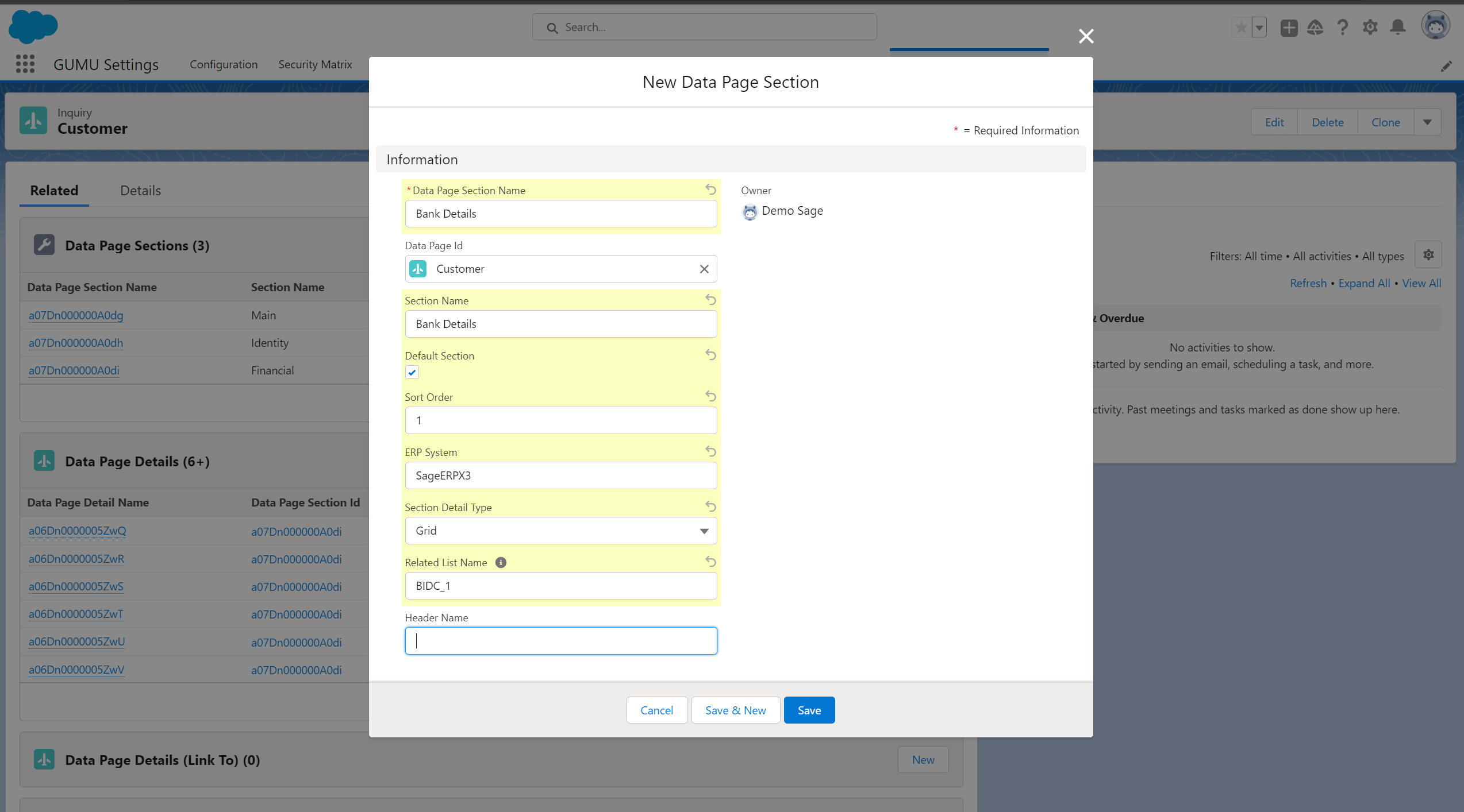Data page section with required data