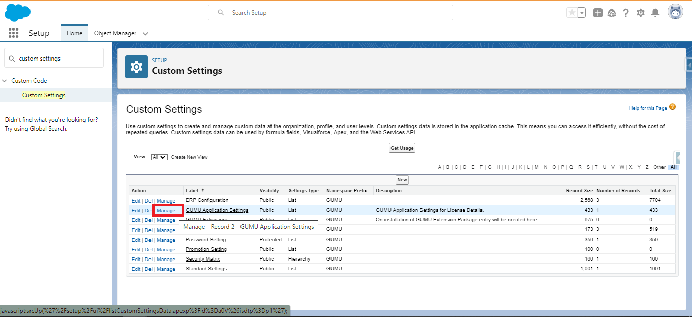 Click on Manage of GUMU Application Setting