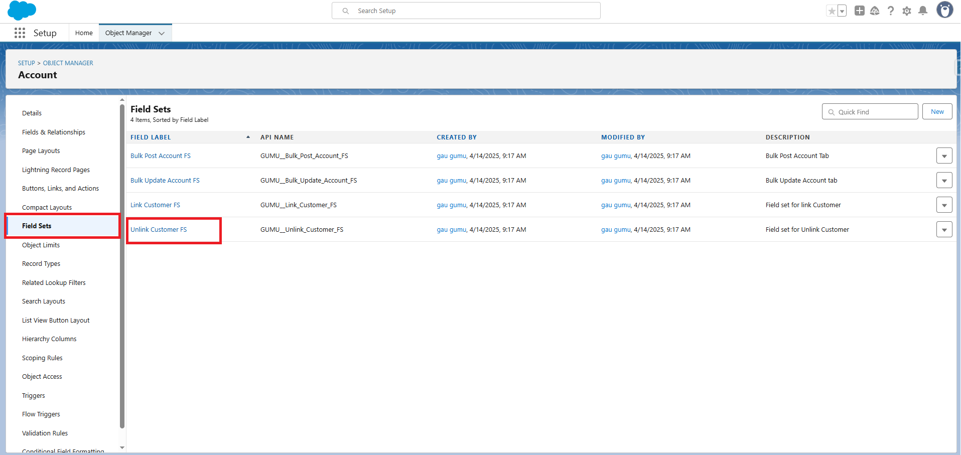 Account Field Set Screen