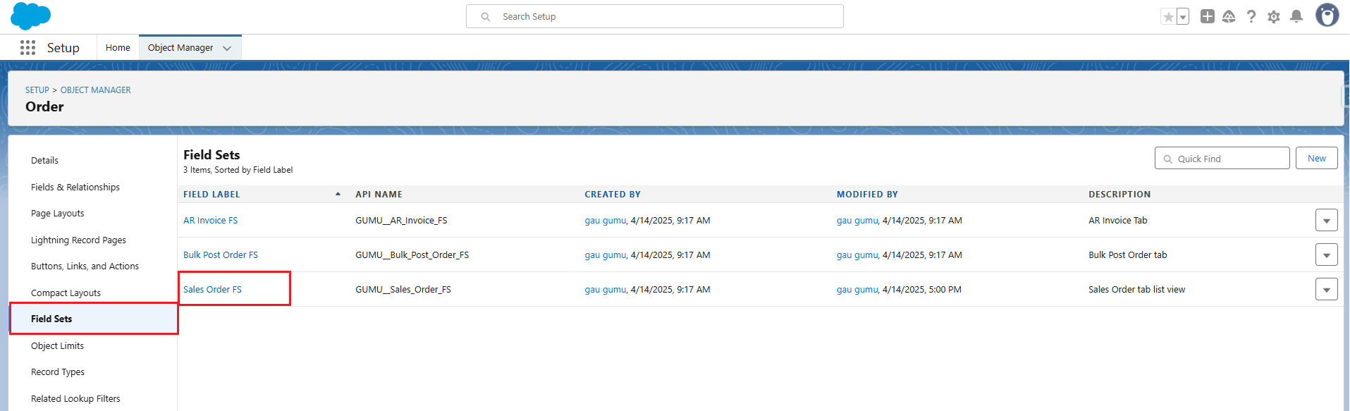 Order Field Set Screen