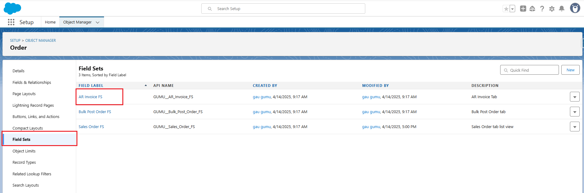 Order Field Sets Screen